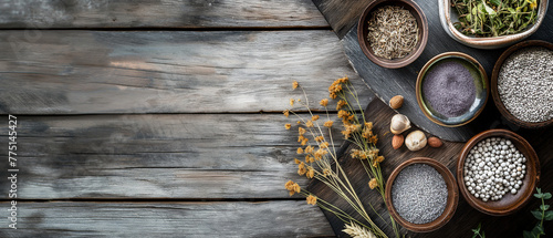 Modern wooden background with dried flowers and spices