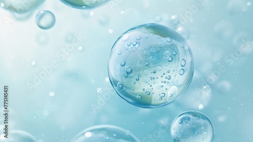 transparent cells floating on a light blue background  surrounded by small cells and bubbles