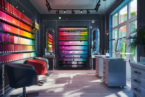 Modern beauty salon with vibrant nail polish display