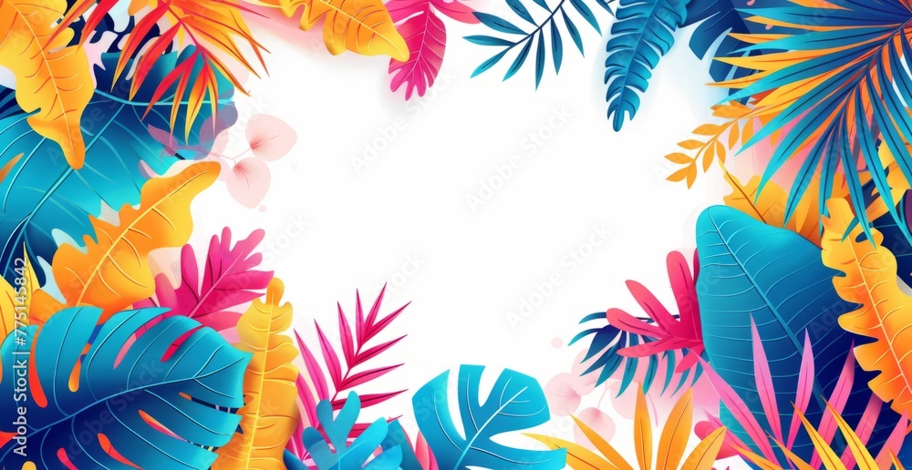 Obraz premium Tropical summer background with colorful leaves and plants white space in the center of frame Generative AI