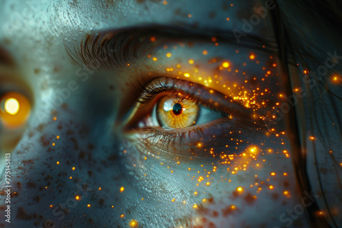 Close-Up of Woman's Eye with Golden Sparks.