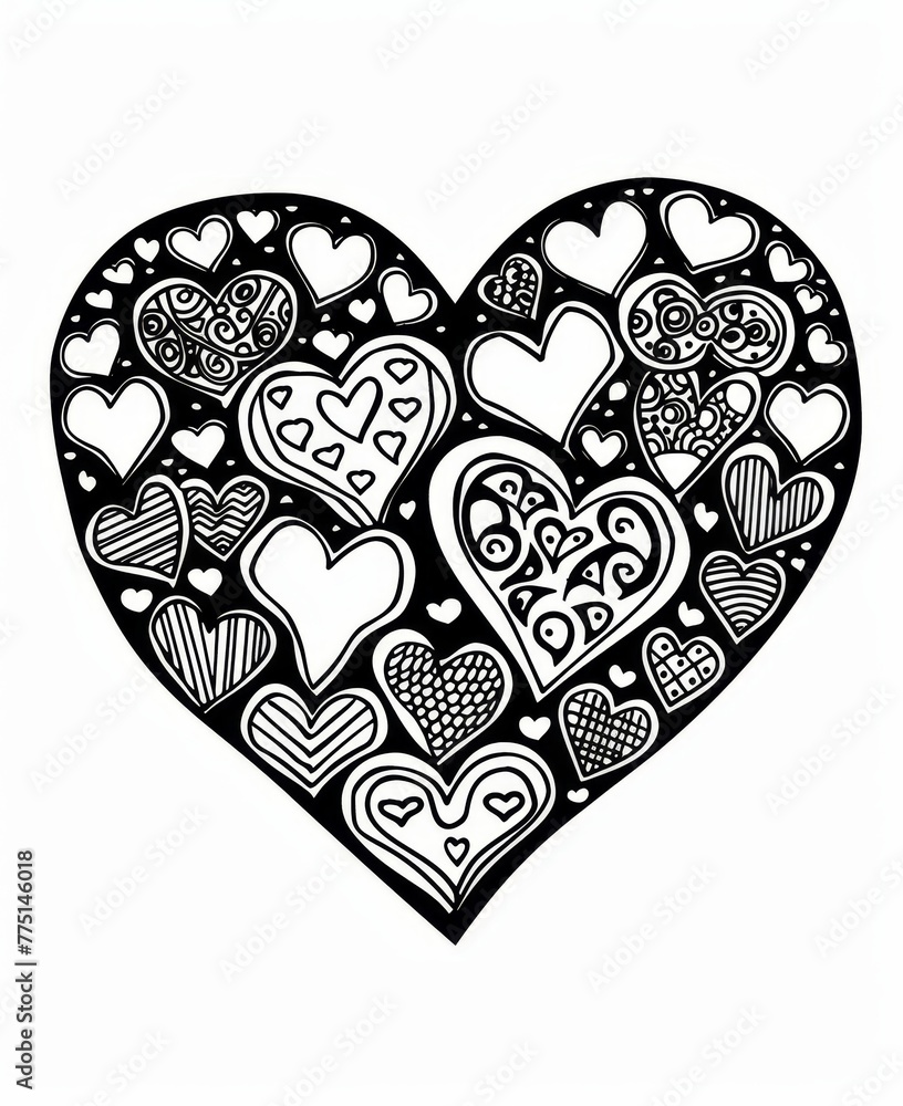 A mandala with heart-shaped patterns, each heart containing smaller hearts within it, coloring page for adults. A mandala with heart-shaped patterns, each heart containing smaller hearts within it, coloring page for adults.