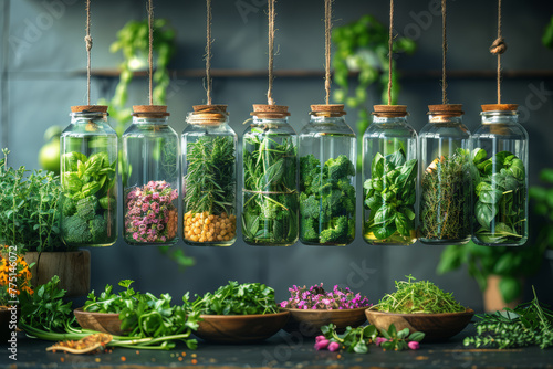 An array of aromatic herbs suspended in decorative glass jars, highlighting the visual appeal of culinary ingredients. Concept of herbaceous elegance in the kitchen. Generative Ai.