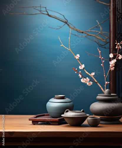 Private tea ceremony: white ceramic teaware, consisting of a teapot and cup, on a tray next to olive branches, against a dark background.