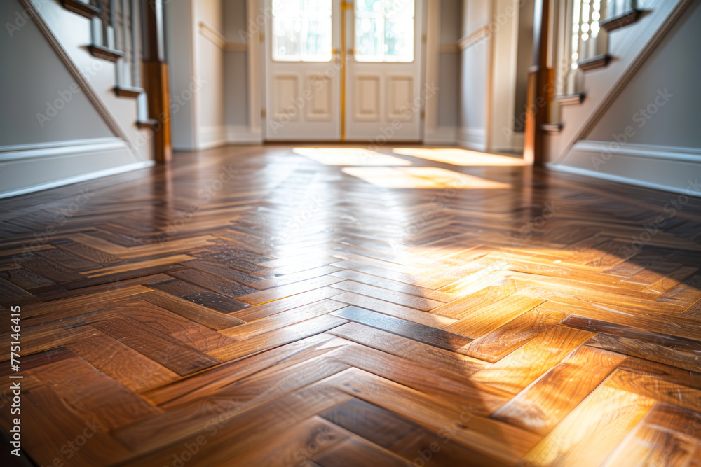 Herringbone Wood Floor Pattern in Sunlit Hallway. Herringbone Wood Floor Pattern in Sunlit Hallway.