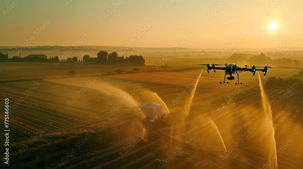a camera mounted on a drone captures aerial footage of the drone flying over farmland, spraying pesticides while multiple sprinklers irrigate the fields below. - obrazy, fototapety, plakaty 