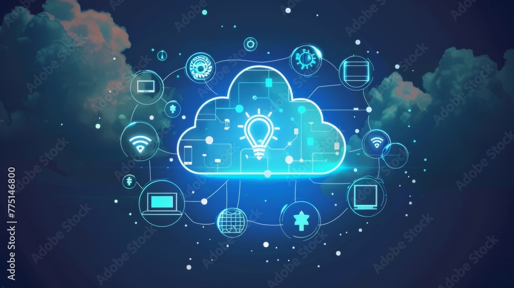 Internet of Things IoT powered by cloud, visualizing connected devices seamlessly synchronized through cloud technology no splash Internet of Things IoT powered by cloud, visualizing connected devices seamlessly synchronized through cloud technology no splash