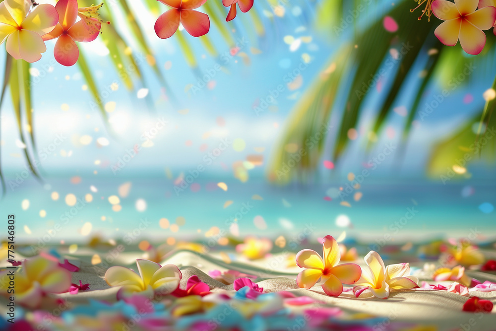 flower garland on a beach, hawaii paradise, vacation relaxation with palms and sea (1)