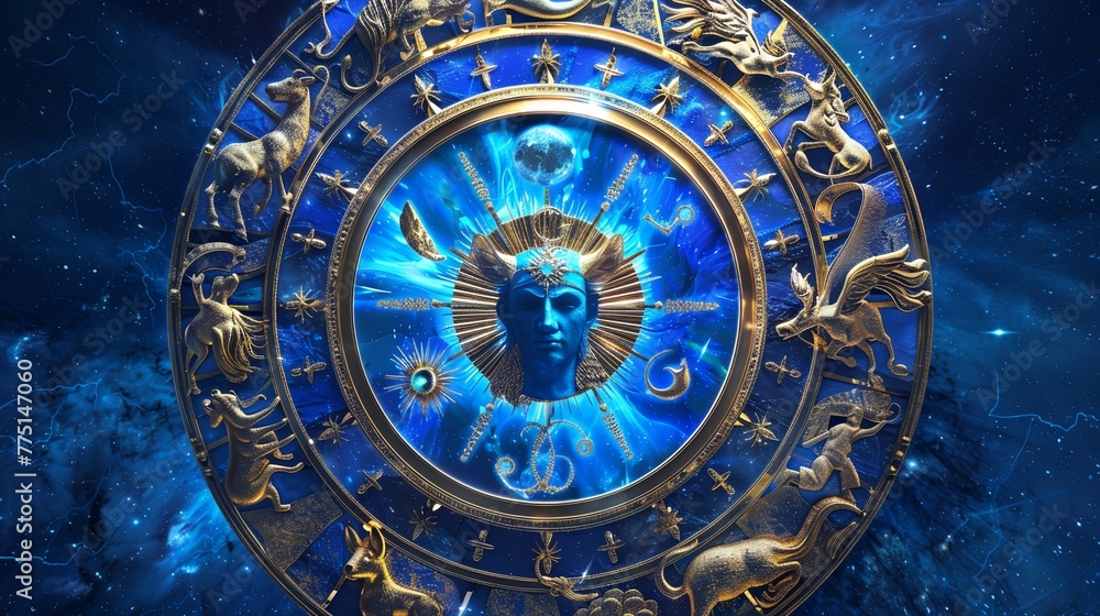 a blue and gold astrological clock surrounded by stars and sparkles on a dark background