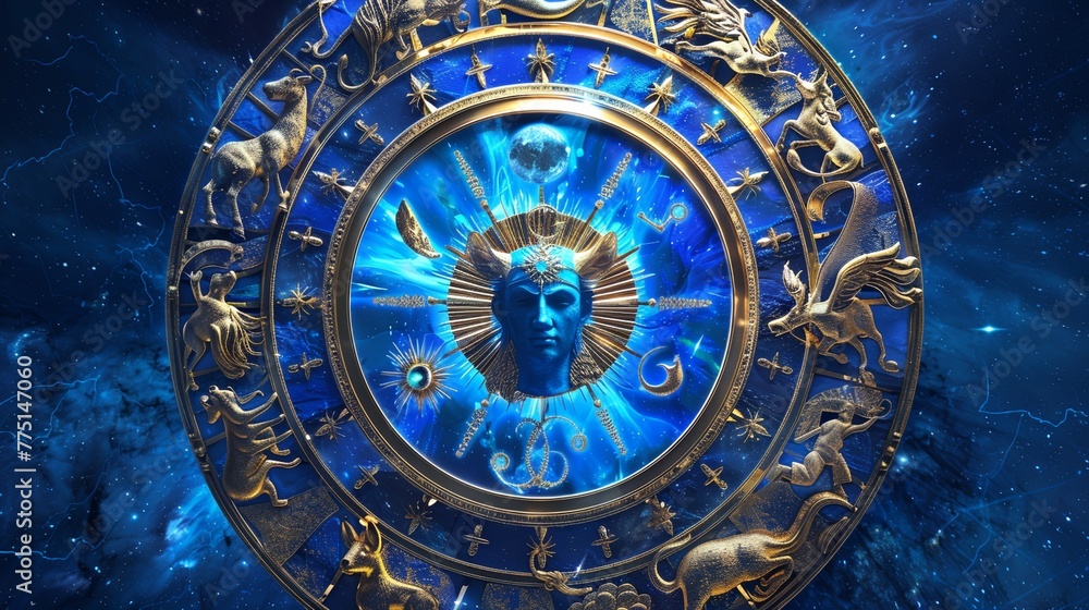 Obraz premium a blue and gold astrological clock surrounded by stars and sparkles on a dark background