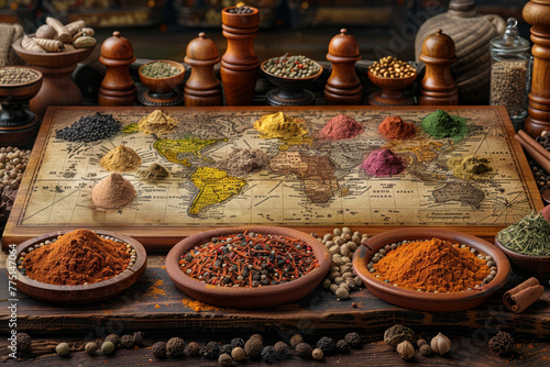 Fototapeta Naklejka Na Ścianę i Meble -  A spice trail map illustrating the geographical origins and trade routes of spices, telling the story of their global journey. Concept of spice trade history. Generative Ai.