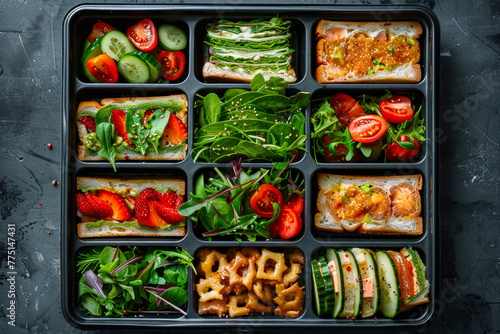 Variety Healthy Meal Prep Boxes Dark Background.