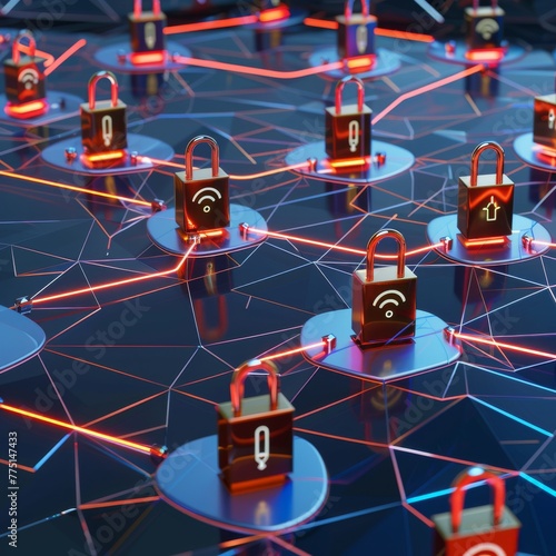 Internet of Things IoT security, depicting a network of connected devices with endtoend encryption hyper realistic photo