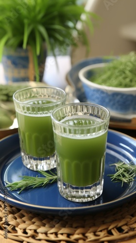 green matcha smoothie garnished with mint leaves. Concept: healthy lifestyle and nutrition, advertising of cafes and bars with organic cuisine, articles about superfoods.