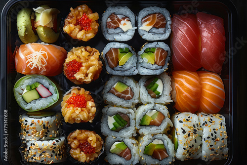 Variety of Sushi Rolls in Black Bento Box.