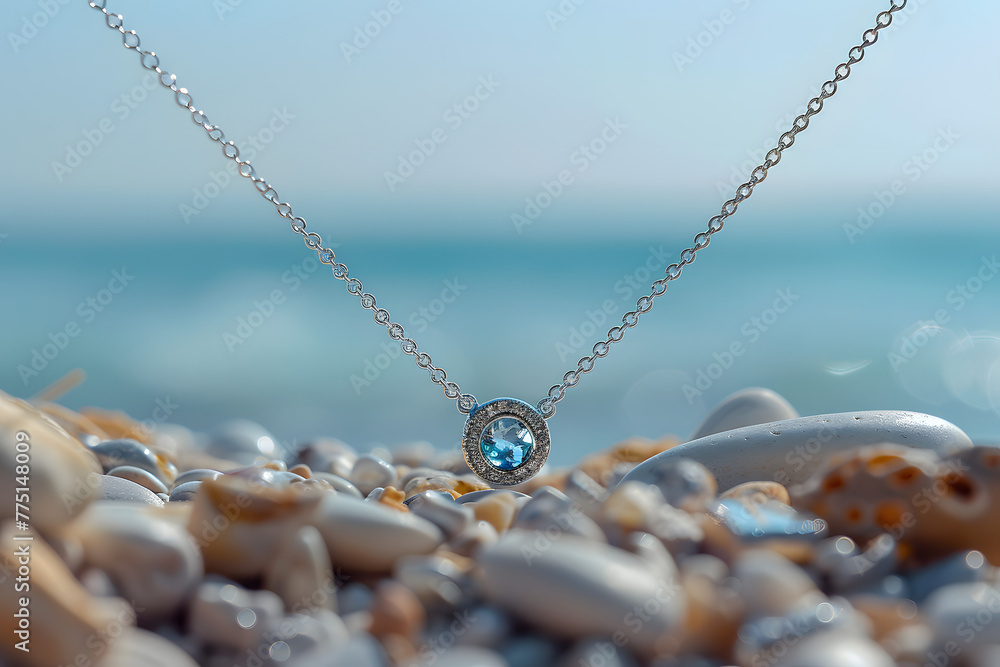 Fototapeta premium Minimal collection of topaz and sterling silver in beach