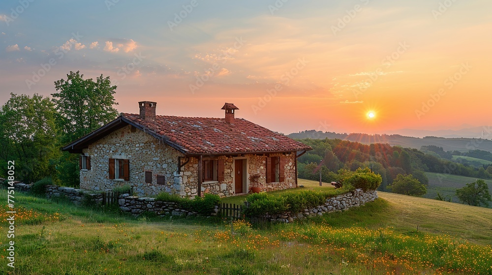 A peaceful farmhouse in the countryside at dawn