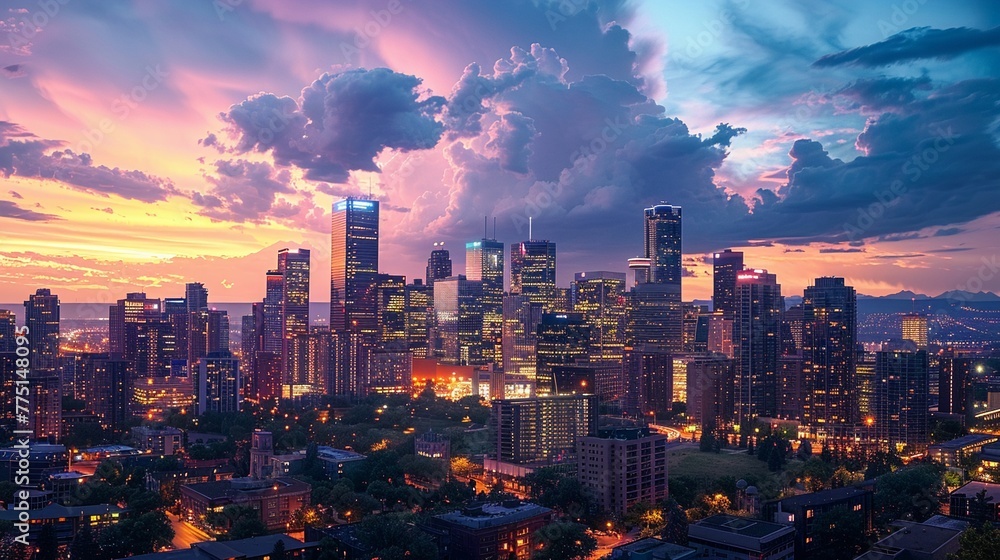 Obraz premium A panoramic view of a city skyline at dusk, with the last light of day casting a soft glow over the buildings The moment captures the transition between day and night in an urban setting