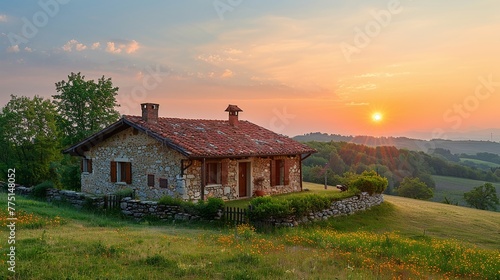 A peaceful farmhouse in the countryside at dawn