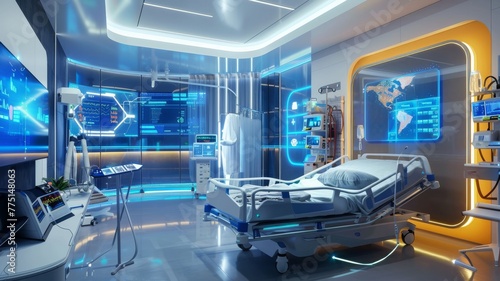 Innovative hospital design integrating technology for better patient care, including smart beds and automated monitoring systems hyper realistic