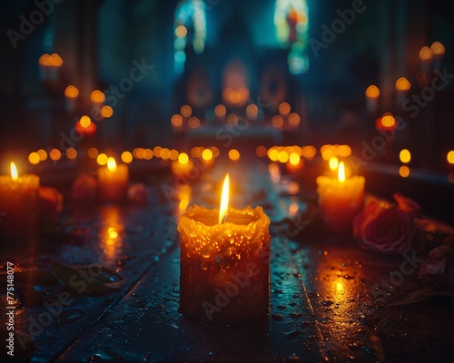 Glowing Candles in a Darkened Sanctuary Signifying Light and Guidance