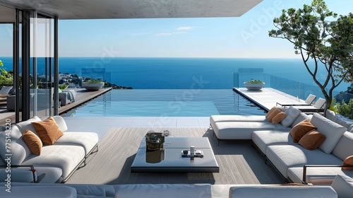 A large open living room with a view of the ocean