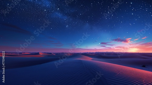 A vast desert under a night sky, with millions of stars illuminating the solitude of the landscape The untouched beauty of the desert at night offers a profound sense of peace and the infinite