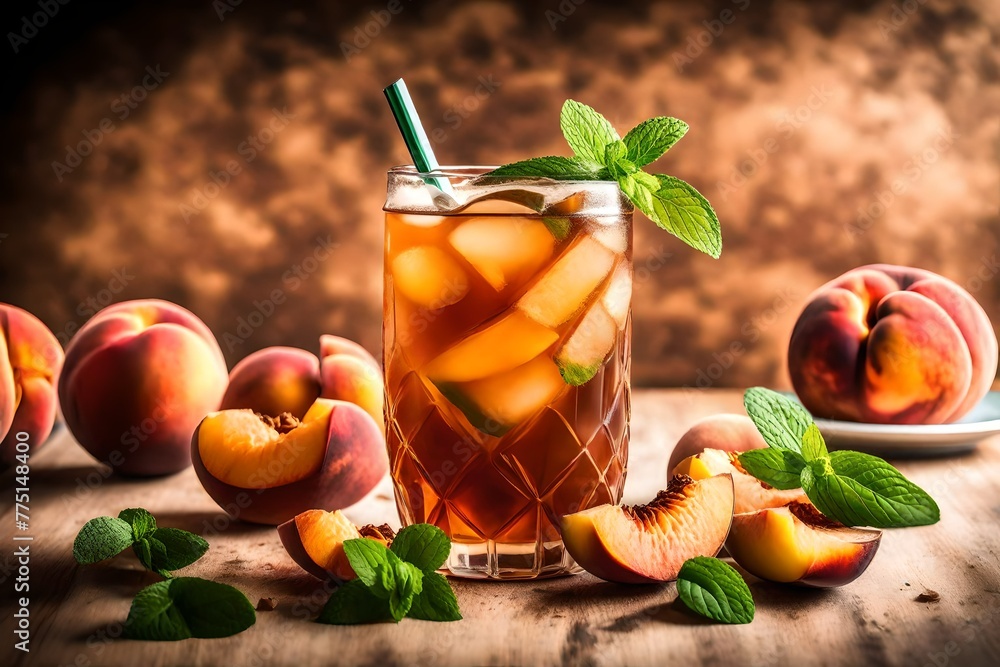 A refreshing glass of peach iced tea adorned with a mint leaf, placed on a table with the soft gradient peach background - obrazy, fototapety, plakaty 