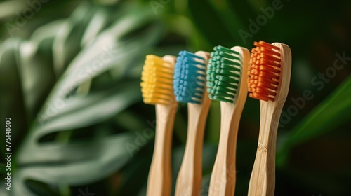 biodegradable bamboo toothbrushes for children  vibrant bristles  set against a green leafy background  emphasizing eco dental care