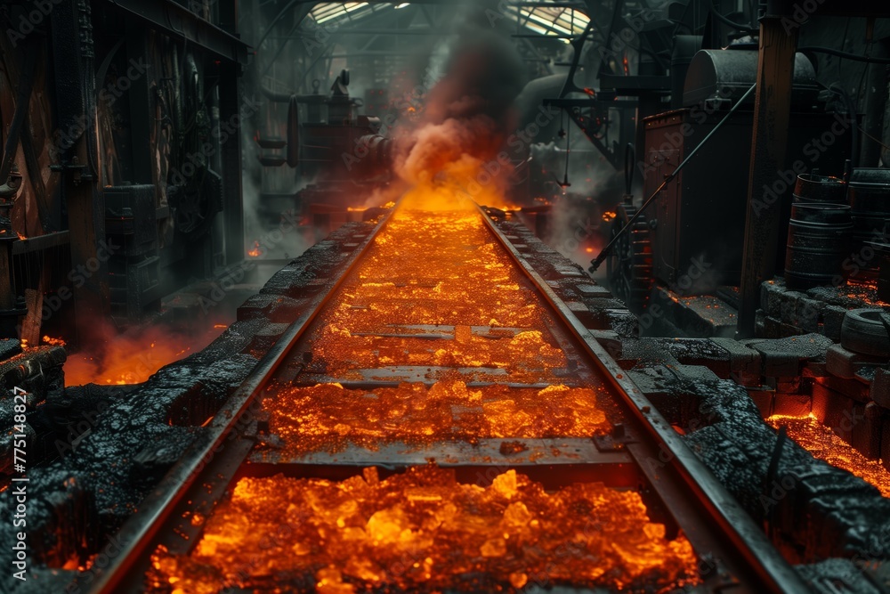 Molten metal flowing on factory rails Molten metal flowing on factory rails