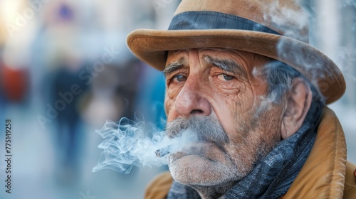 A man with a beard smokes a cigarette in the street