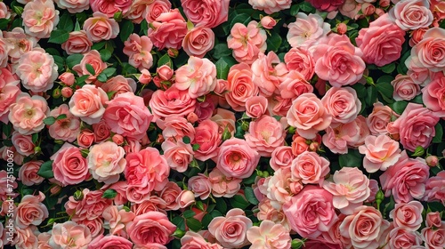 many pink roses arranged flat against a background  perfect for high-angle  top-down  and wide-angle photography capturing their delicate petals and vibrant colors. SEAMLESS PATTERN