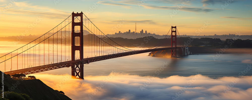 Obraz premium Like Golden Gate Bridge and Bay area in California, mist underneath bridge.banner
