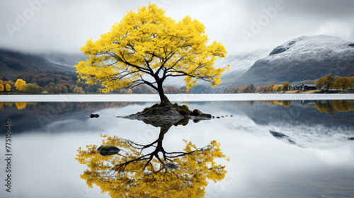 yellow tree on an island in the middle of the lake against the backdrop of mountains