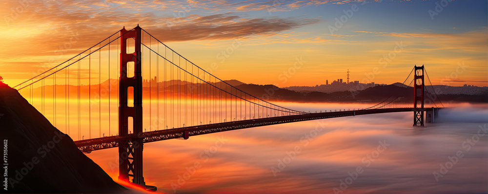 Fototapeta premium Like Golden Gate Bridge and Bay area in California, mist underneath bridge.banner