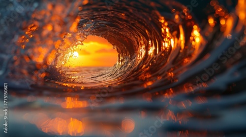 a tunnel of oean wave water with a setting sun in the distance with fondal photo