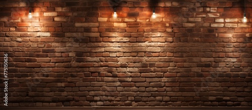 A sturdy brick wall is illuminated by three bright lights mounted on it  casting a warm glow