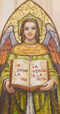 MILAN, ITALY - MARCH 5, 2024: The mosaic of angel with the book and inscription in the church Chiesa di San Camillo from 20. cent.