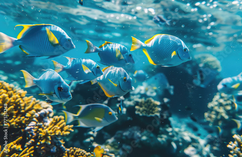Blue and yellow fish school underwater in the ocean reef © Kien