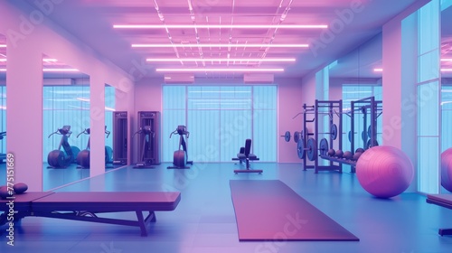 Interior of an empty modern gym with sports equipment. The concept of a healthy lifestyle and taking care of your body. Fitness, workout, background for advertising.