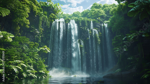 A majestic waterfall hidden deep within a lush jungle  its cascading waters creating a natural symphony