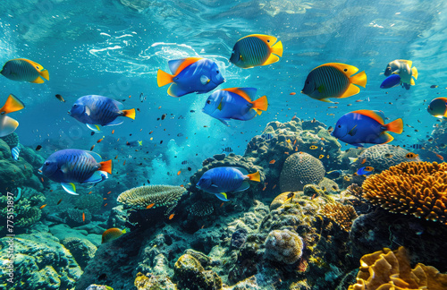 Blue and yellow fish school underwater in the ocean reef