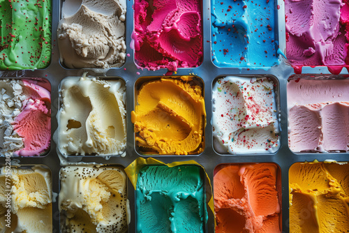 Colorful ice cream in neat rows with various flavors.