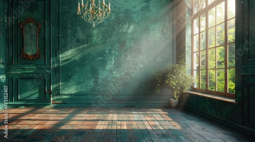 An empty room with a vintage chandelier and a rich emerald green wall.