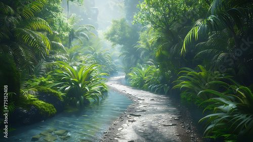 A meandering river pathway bordered by lush greenery photo
