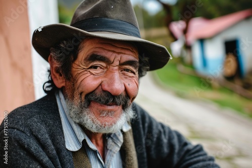 Old man with hat and mustache in a village. Portrait of an old man.