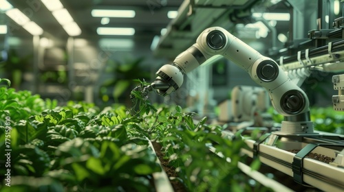 a robotic arm caring for green plants in an indoor farm, showcasing the seamless integration of technology and agriculture for sustainable food production amidst futuristic design elements.