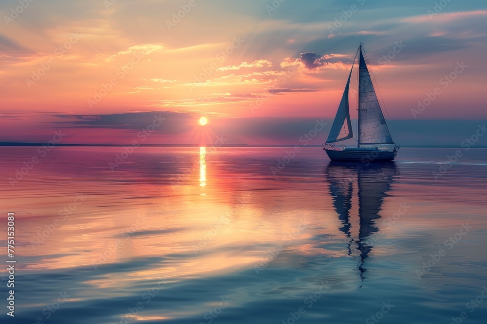 Golden Sunset Sailing, Tranquil Water Reflections