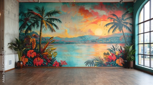 An empty room with a wall featuring a vibrant mural depicting a tropical rainforest scene.