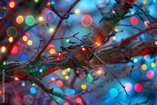 Holiday Twinkle, Vibrant Christmas Lights on Tree Branches, Macro View